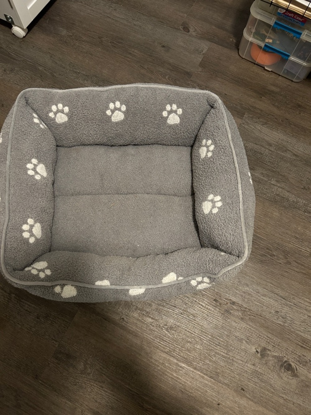 Plush Gray Pet Bed with White Paw Print Trim